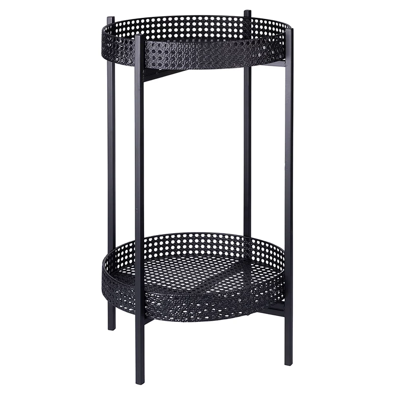 Tavolino Ø40x70 cm 2 Ripiani Effetto Paglia Di Vienna in Ferro Nero