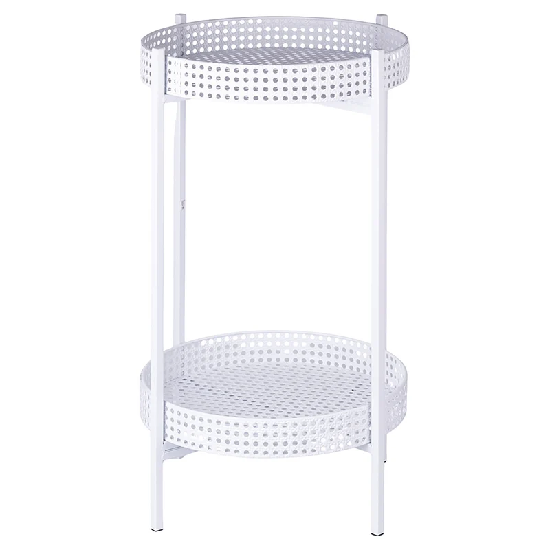 Tavolino Ø40x70 cm 2 Ripiani Effetto Paglia Di Vienna in Ferro Bianco