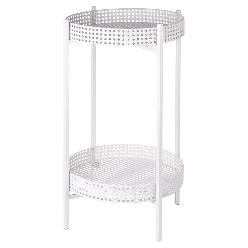 Tavolino Ø40x70 cm 2 Ripiani Effetto Paglia Di Vienna in Ferro Avorio