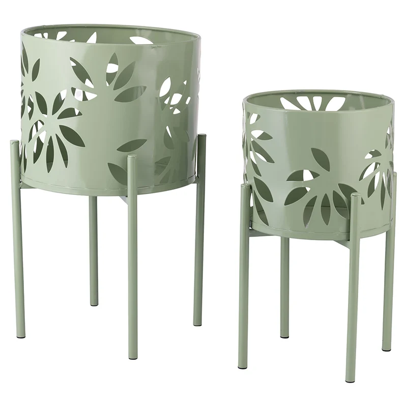Set 2 Porta Vasi Ø20x36 cm e Ø25x43 cm con Piedistallo in Ferro Verde