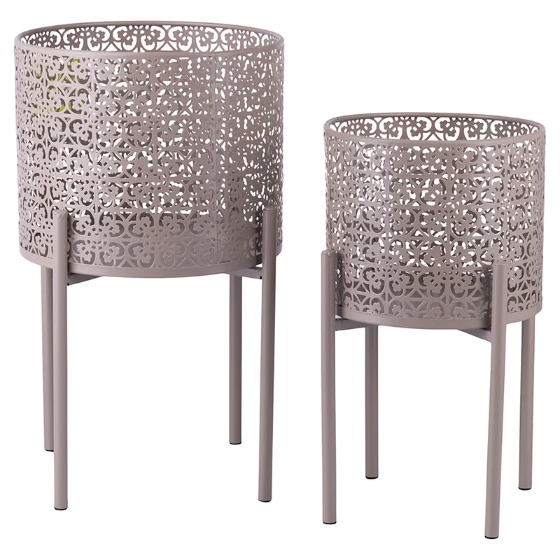 Set 2 Porta Vasi Ø20x36 cm e Ø25x43 cm con Piedistallo in Ferro Tortora