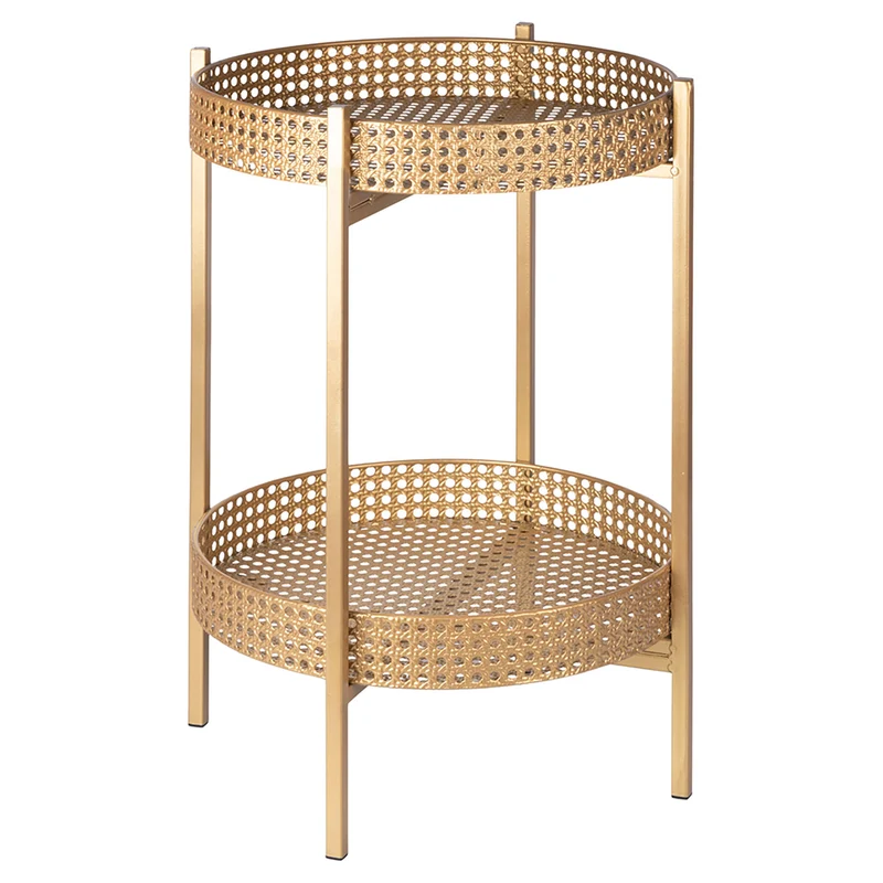 Tavolino Ø36x60 cm 2 Ripiani Effetto Paglia Di Vienna in Ferro Oro