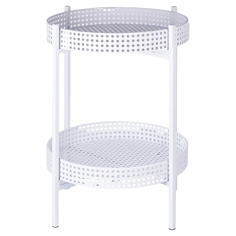 Tavolino Ø36x60 cm 2 Ripiani Effetto Paglia Di Vienna in Ferro Bianco