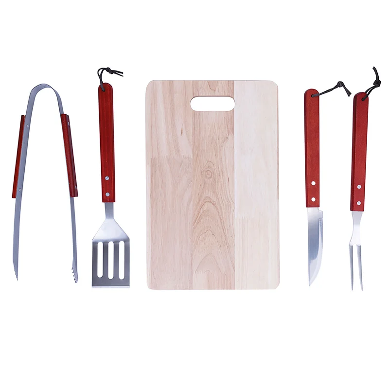 Set Utensili Barbecue in Acciaio Inox e Legno e Tagliere in Legno di Pino