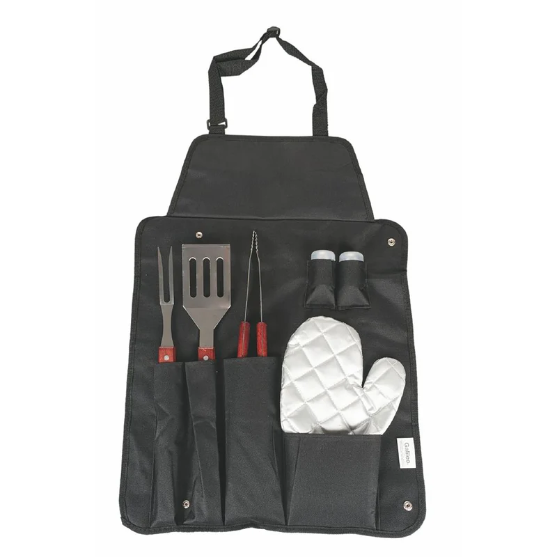 Set 6 Utensili Barbecue in Acciaio Inox e Legno con Grembiule in Nylon Nero