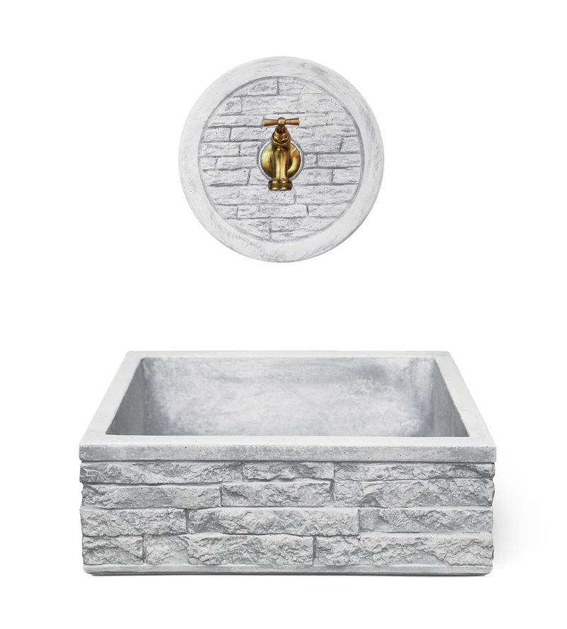Lavello Rettangolare da Esterno 45x35 cm con Rosone Installazione a Muro in Cemento Mattone Faccia a Vista Meseta Grigio