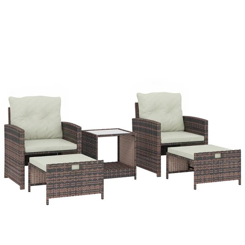 Set Salotto da Giardino con 2 Poltrone Tavolino e Poggiapiedi Salvaspazio in Rattan PE Marrone