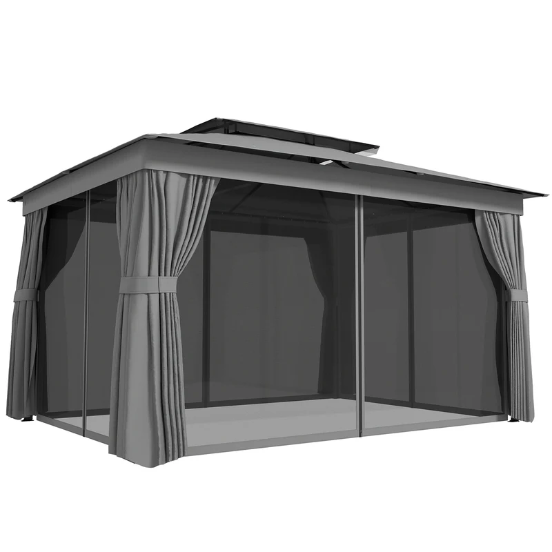 Gazebo da Giardino a 2 Livelli 380x300x270 cm con Zanzariere e Tende in Metallo e Poliestere Grigio Scuro