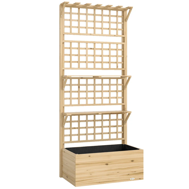 Fioriera Rialzata con Traliccio 76x43,5x177 cm Tetto e 2 Mensole in Legno Colore Naturale