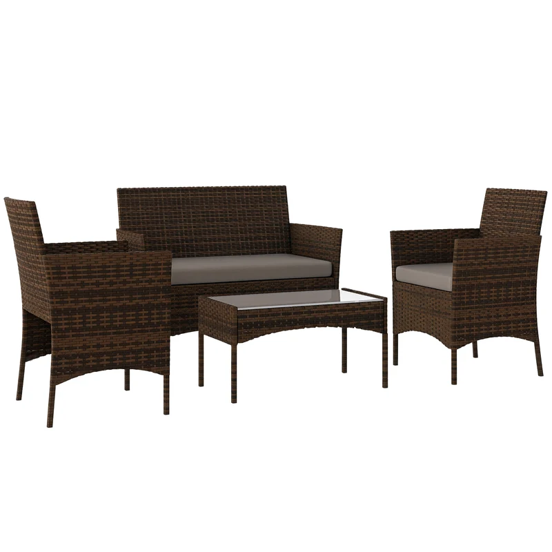 Set da Giardino con Divano 2 Posti 2 Sedie e Tavolino Basso in Rattan e Acciaio Grigio e Marrone