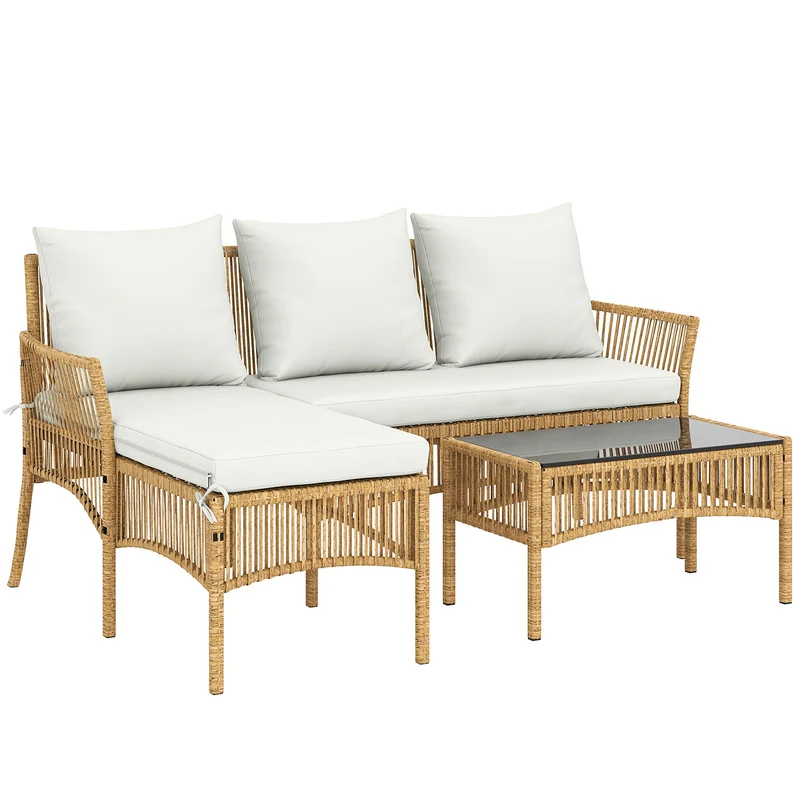 Set 3 Pezzi da Giardino con Divanetto Chaise Longue e Tavolino da Caffè in Acciaio e Rattan PE Crema