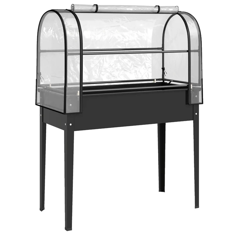 Letto per Orto Rialzato 100x49x136 cm con Copertura Mini Serra e Foro di Drenaggio in Metallo e Plastica Nero