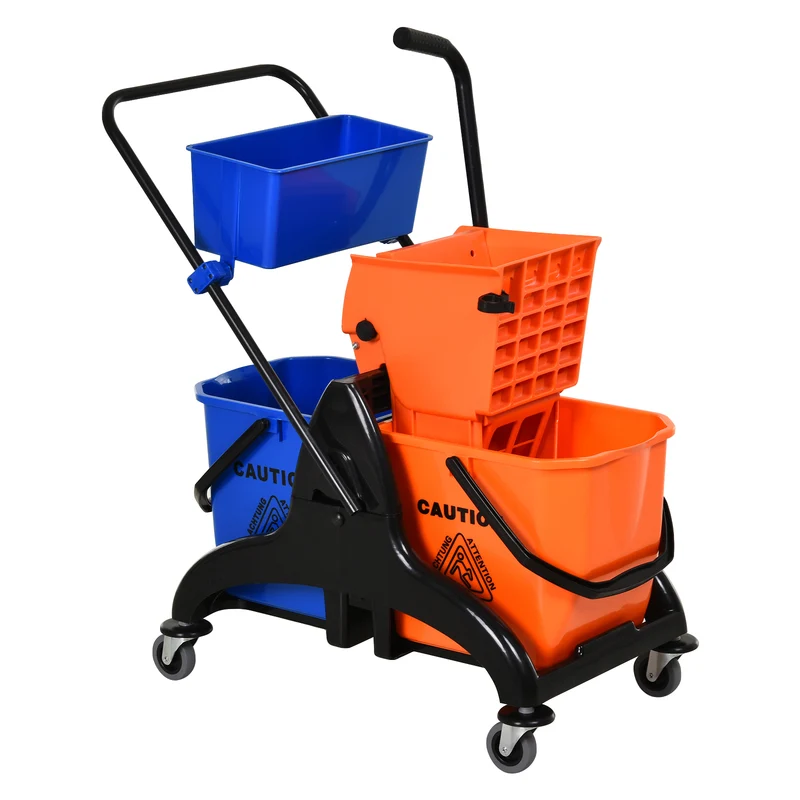 Carrello Pulizie Professionale da 26L con 2 Secchi Lavapavimenti, in Plastica e Metallo, 78x45x95 cm, Arancio Blu
