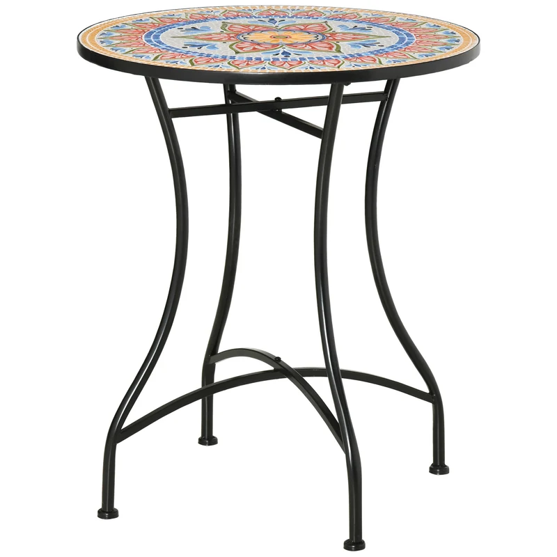 Tavolo da Giardino Tondo Ø60cm in Metallo e Mosaico Rosso
