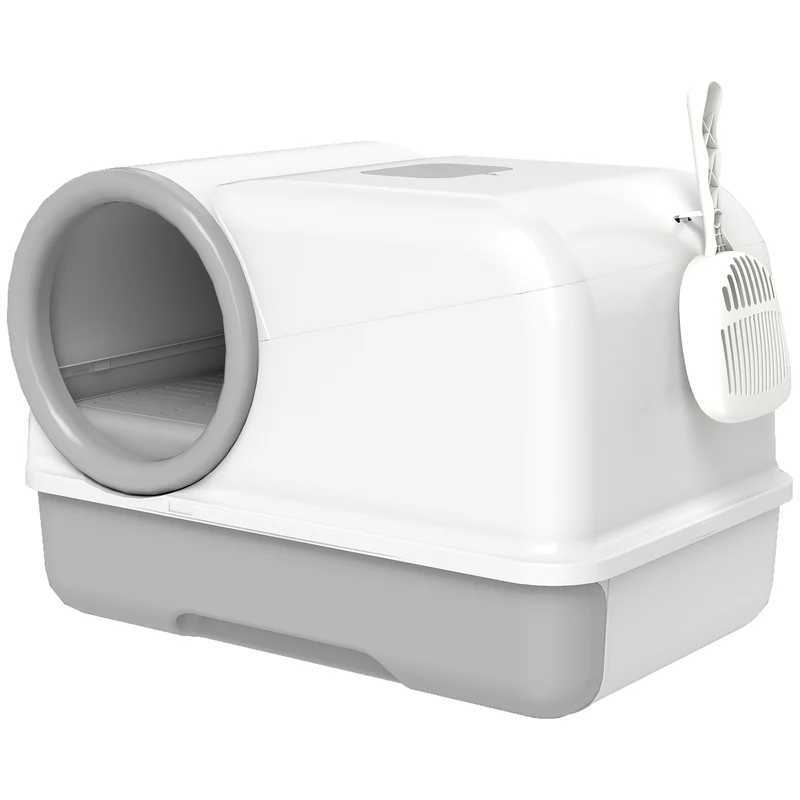 Lettiera per Gatti Chiusa con Coperchio 59x39,5x39,5 cm Vassoio e 2 Sacchetti di Carbone in PP Bianco e Grigio