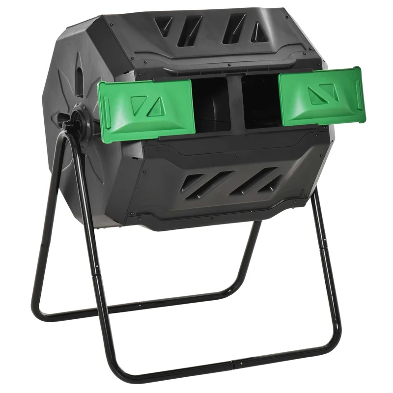 Compostiera da Giardino Girevole 71x65x96 cm a 2 Sezioni con 8 Prese d'Aria Acciaio e PP Nero