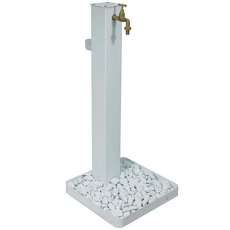 Fontana da Giardino con Rubinetto in Ottone e Base con Ciottoli 40x40x97 cm in Acciaio Bianco