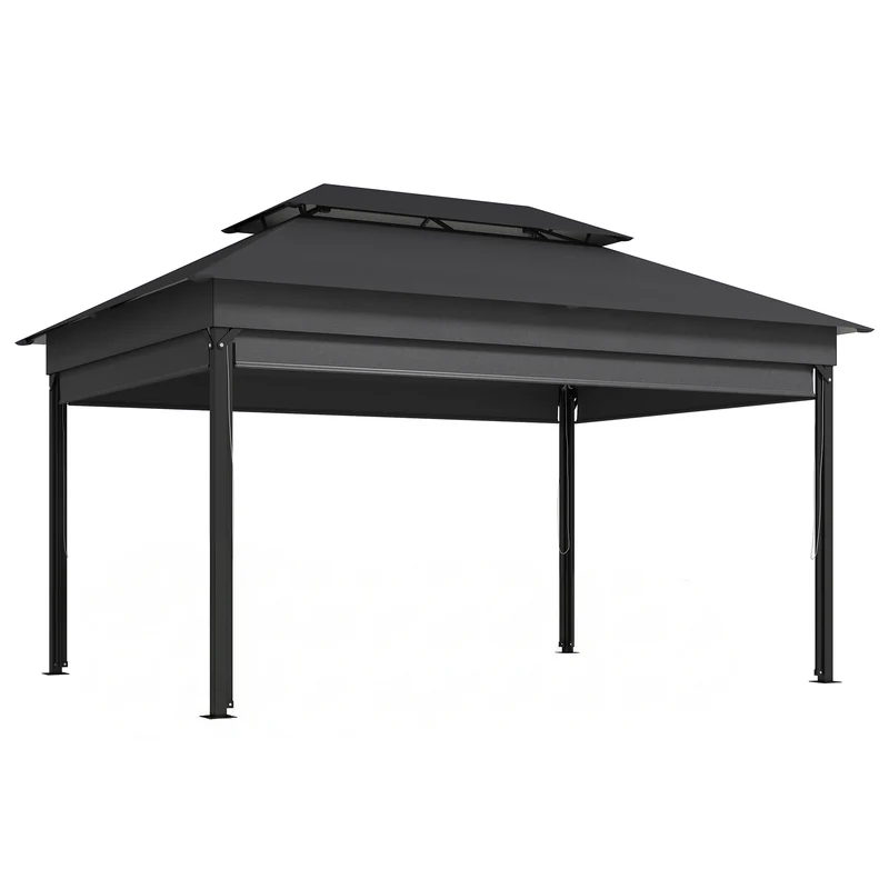 Gazebo da Giardino 4x3 m con Tende Laterali Doppio Tetto Fori di Drenaggio Grigio Scuro