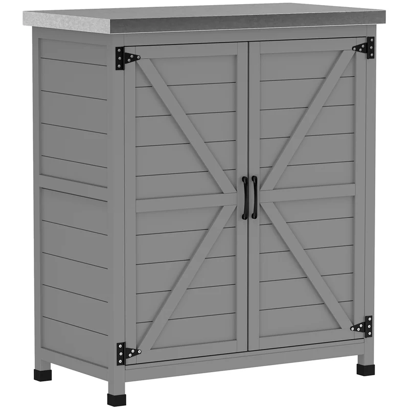 Armadio da Esterno 79x43x92 cm con Ripiano e Banco da Lavoro in Legno e Acciaio Grigio