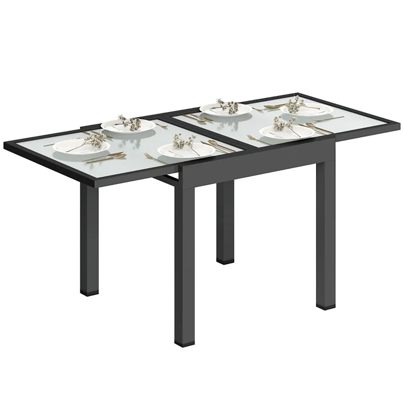 Tavolo da Pranzo Allungabile da Giardino 80-160x80x75 cm con Piano in Vetro e Alluminio Nero e Trasparente