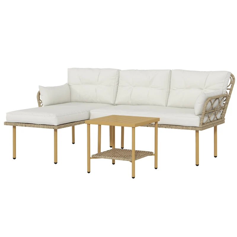 Set 3 Pezzi da Giardino con Chaise Longue Divanetto Cuscini e Tavolino in Rattan e Acciaio Bianco Crema e Legno