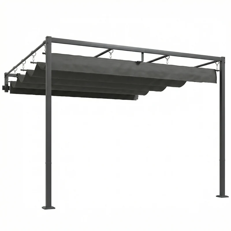 Pergola Addossata 3x3 m con Tetto Retrattile Scorrevole UV30+ e Fori di Drenaggio Grigio Scuro