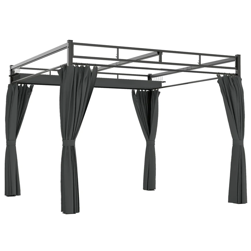 Pergola Gazebo 3x3 m con Tetto Scorrevole UV30+ e 4 Pareti Laterali Grigio Scuro