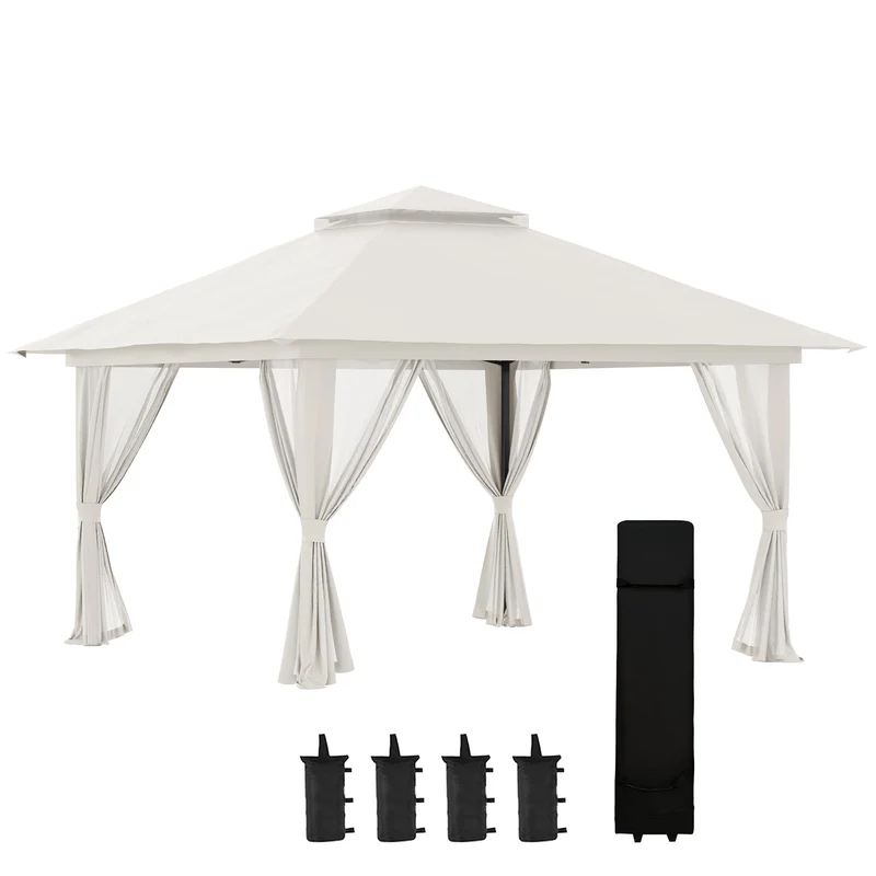 Gazebo Pieghevole 4x4 m ad Altezza Regolabile con Zanzariera e Borsa in Metallo e Tessuto Oxford Crema