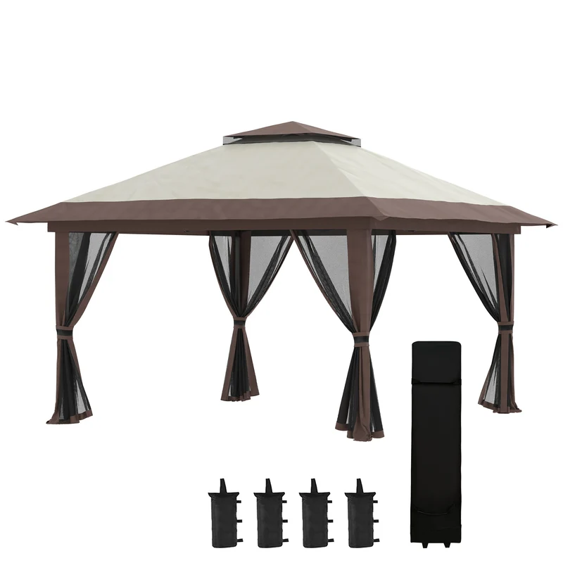 Gazebo Pieghevole 4x4 m ad Altezza Regolabile con Zanzariera e Borsa in Metallo e Tessuto Oxford Beige