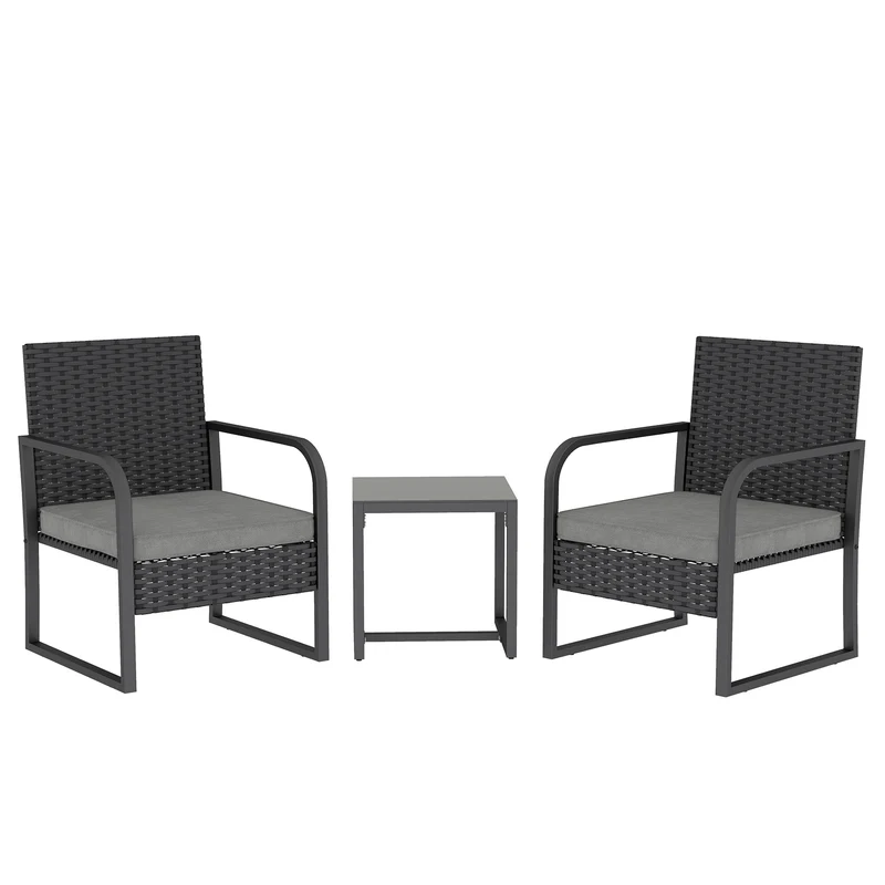 Salotto da Giardino con 2 Poltrone da Esterno e Tavolino con Piano in Vetro in Rattan Nero