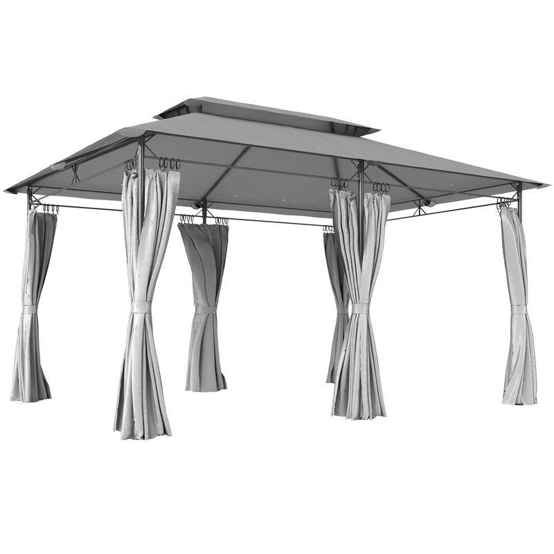 Gazebo da Giardino 3x4 m con Tende Rimovibili Doppio Tetto e Struttura in Metallo Grigio