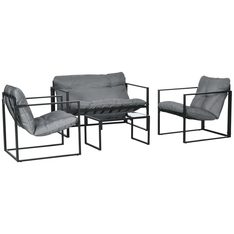 Set 4 Pezzi da Giardino con Divanetto 2 Poltrone e Tavolino in Acciaio, Poliestere e Cotone PP Nero e Grigio