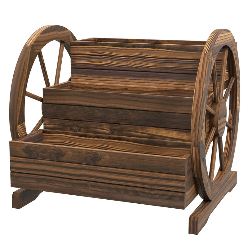 Fioriera da Esterno a 3 Livelli 62x61x57 cm con Ruote Decorative in Legno di Abete Carbonizzato