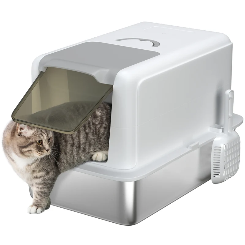 Lettiera per Gatti Chiusa 40,5x60,5x41,5 cm con Vassoio in Acciaio in PP Bianco e Argento