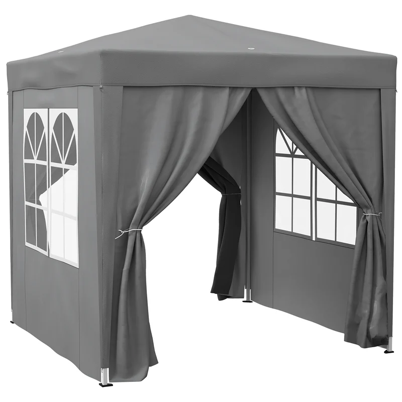 Gazebo Pieghevole 2x2 m con 4 Pareti Rimovibili in Metallo e Poliestere Grigio