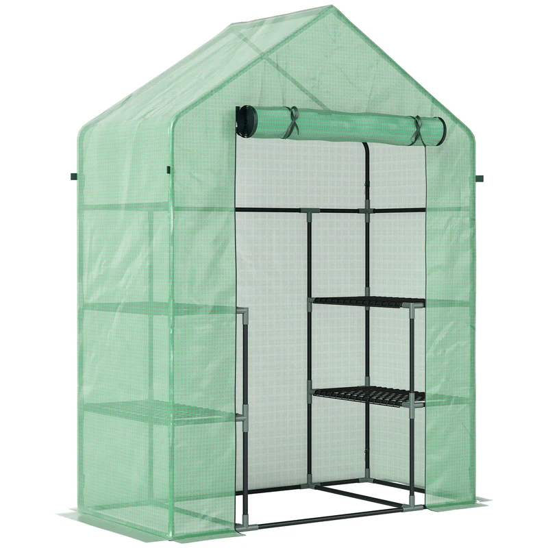Serra da Giardino 142x73x195 cm con 2 Mensole a 3 Livelli e Ingresso a Zip in Acciaio e PE Verde