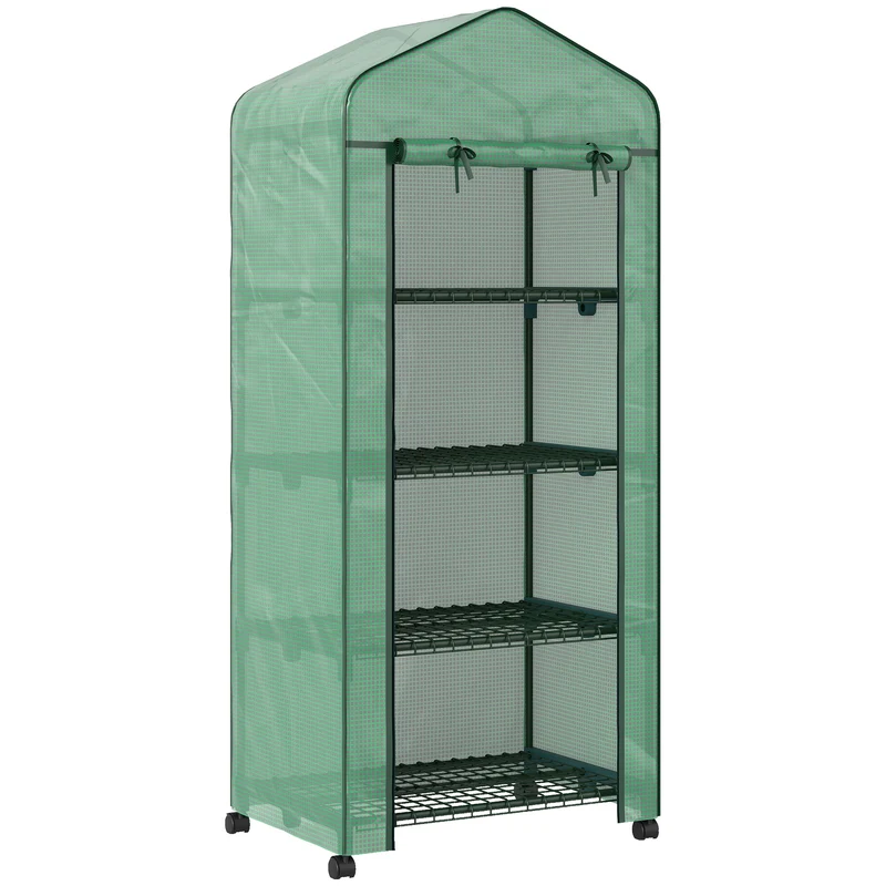 Serra da Balcone a 4 Livelli 69x50x165 cm con 4 Rotelle e Ingresso Avvolgibile in Acciaio e PE Verde