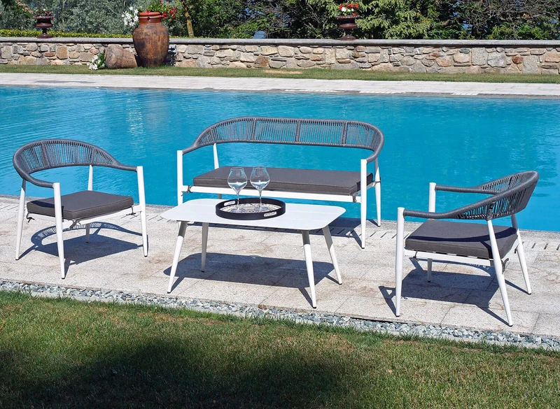Set Salotto da Giardino in Corda Divano 2 Poltrone e Tavolino Vorghini Eindhoven Grigio