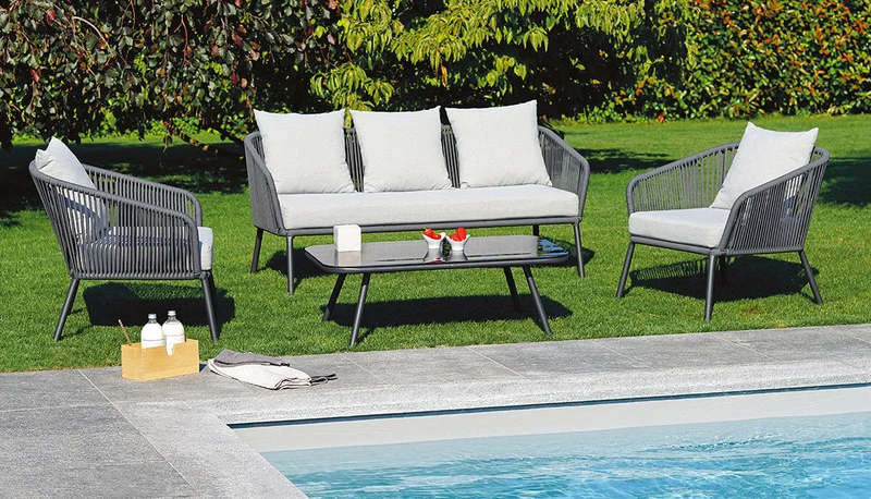 Set da Giardino Divano 2 Poltrone e Tavolino in Alluminio Vorghini Pontremoli Grigio