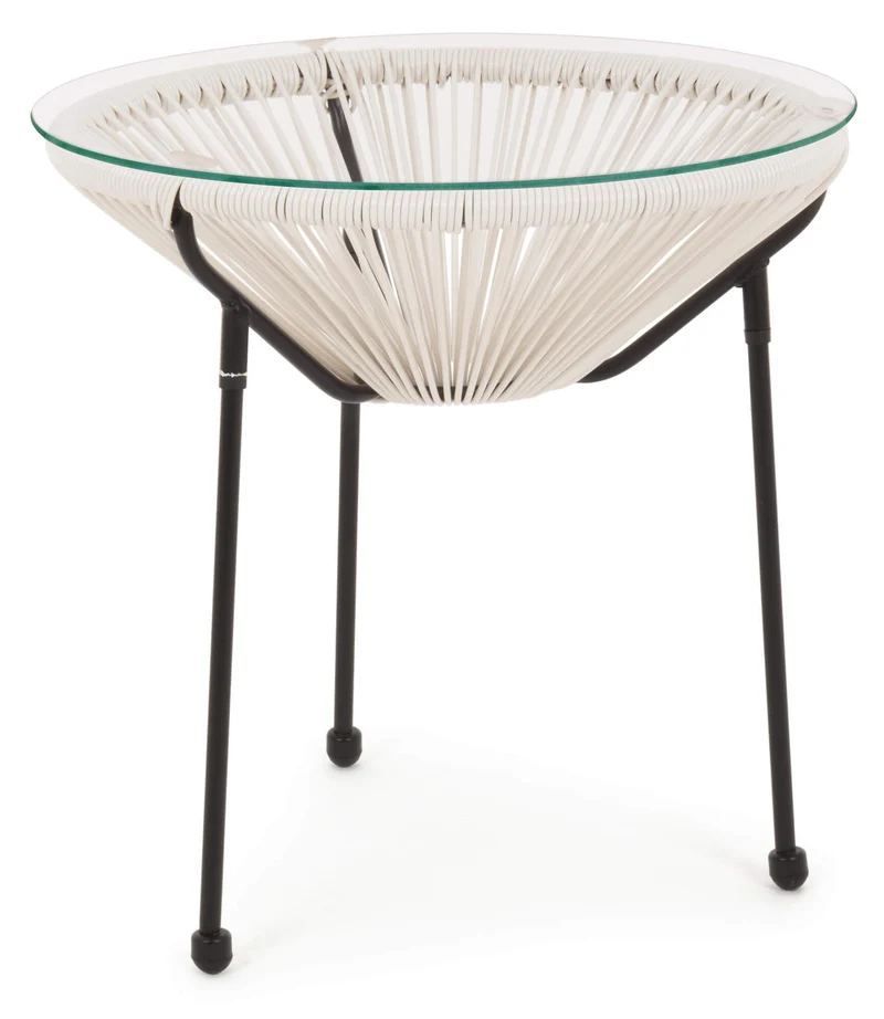 Tavolino da Giardino Ø50x50 cm in Acciaio e Corda con Piano in Vetro Parker Bianco