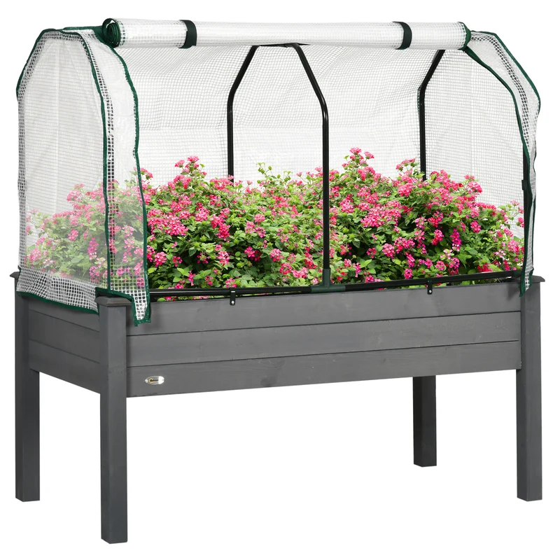 Letto per Orto con Serra da Giardino 121x55x117 cm Portapiante da Esterno in Legno e PE Grigio Scuro
