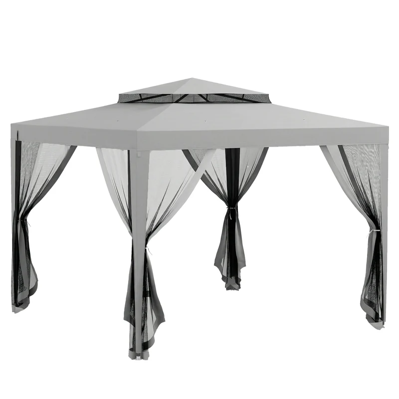 Gazebo da Giardino 3x3 m con Zanzariera Doppio Tetto e 8 Fori in Acciaio e Poliestere Grigio