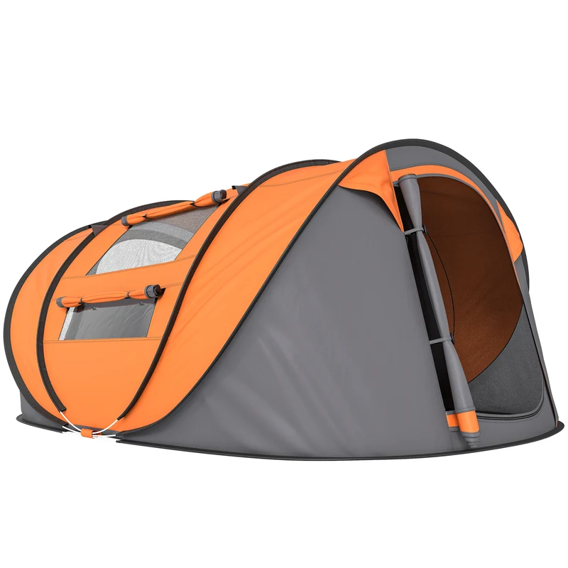 Tenda da Campeggio Pop Up 2 Posti 263,5x220x123 cm con 2 Porte 4 Finestre e Telo Impermeabile Arancione