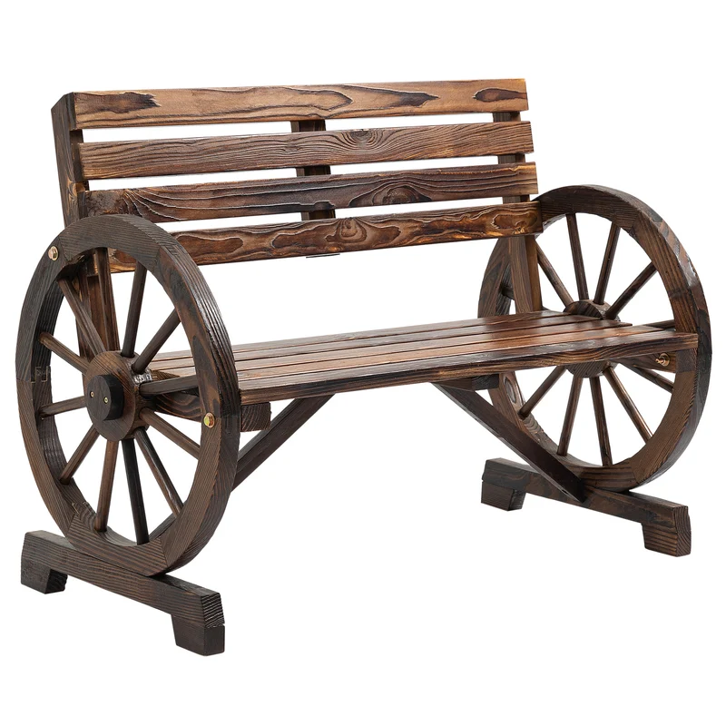 Panchina da Giardino 2 Posti 105,5x56x79 cm con Braccioli a Ruota di Carro in Legno a Doghe Marrone Bruciato