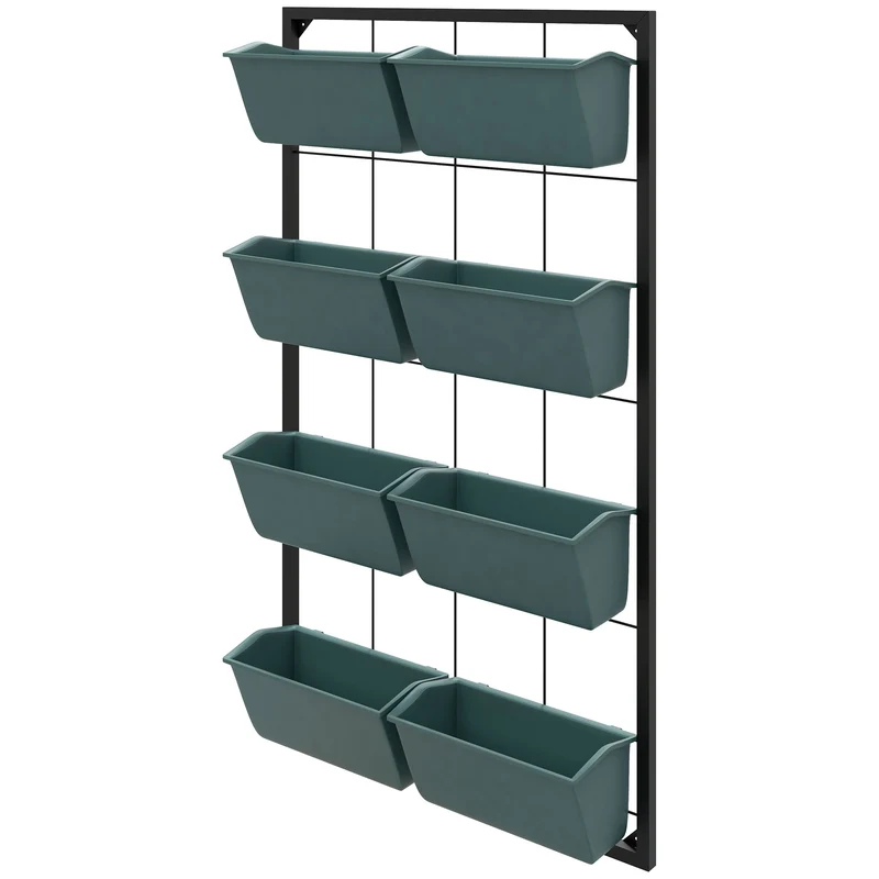 Orto Verticale da Parete a 4 Livelli 52x14x90 cm con 8 Vasi in Acciaio e Plastica Verde Scuro e Nero