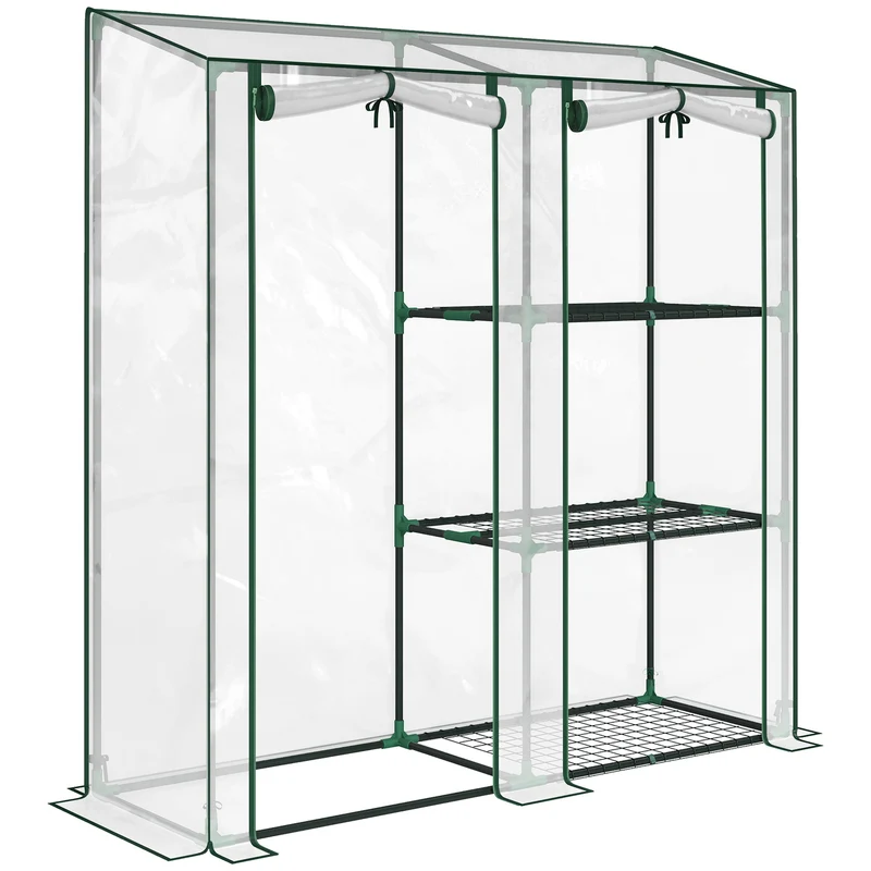 Serra Verticale a 2 Sezioni con 3 Ripiani 143x45x151 cm in Plastica e Acciaio Verde Scuro e Trasparente