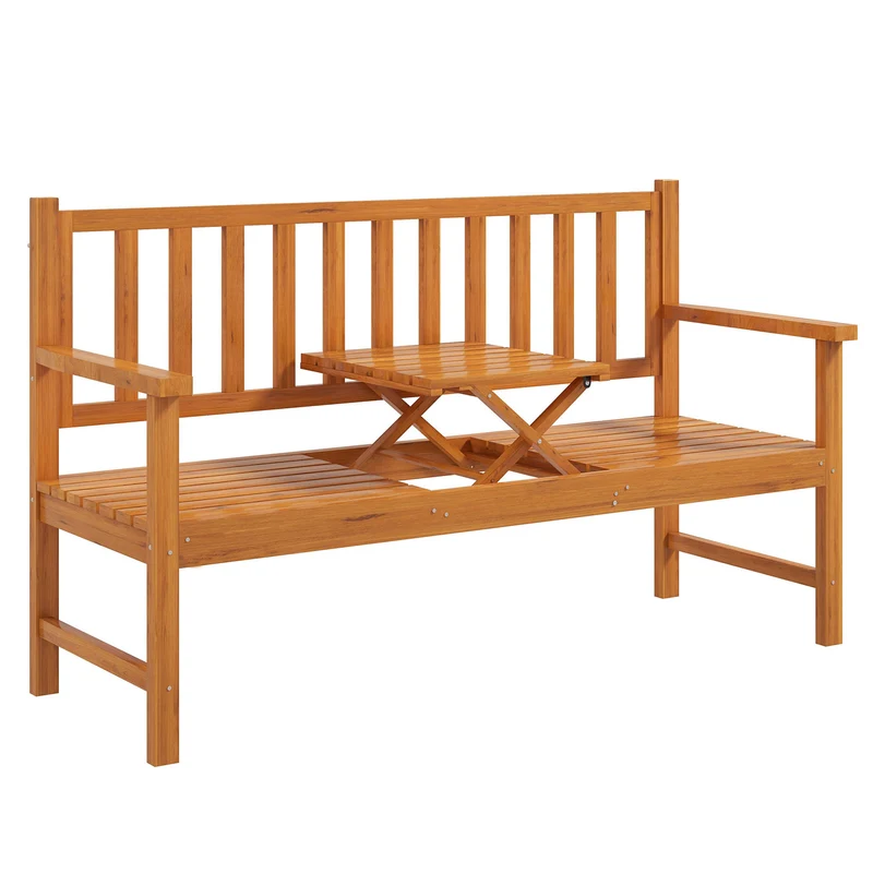 Panchina da Giardino 153x56x91 cm con Tavolino Centrale Sollevabile e Braccioli in Legno Marrone Chiaro