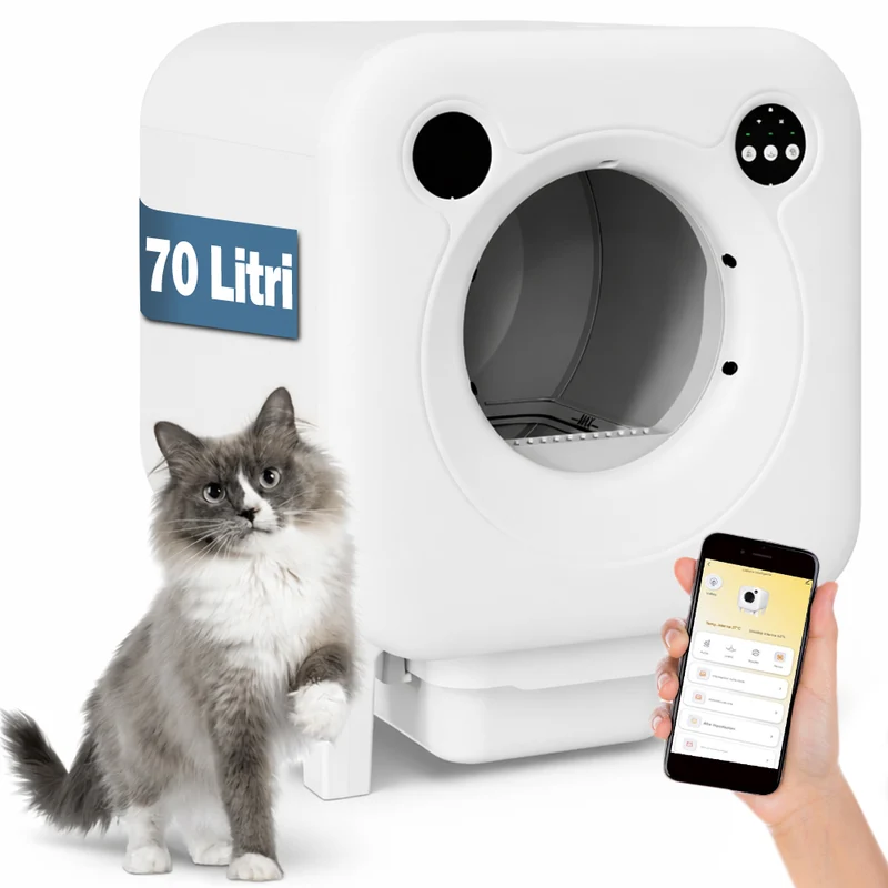 Lettiera Autopulente XXL per Gatti Smart Wifi con App e Controllo Capacità 70L Bianco