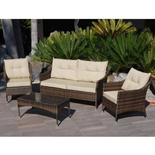 Salotto Completo Divanetto con Poltroncine in Wiker e Tavolino in Vetro per Arredo Giardino Esterno