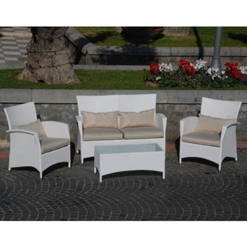 Salotto Completo Divanetto con Poltroncine in Wiker e Tavolino in Vetro per Arredo Giardino Esterno